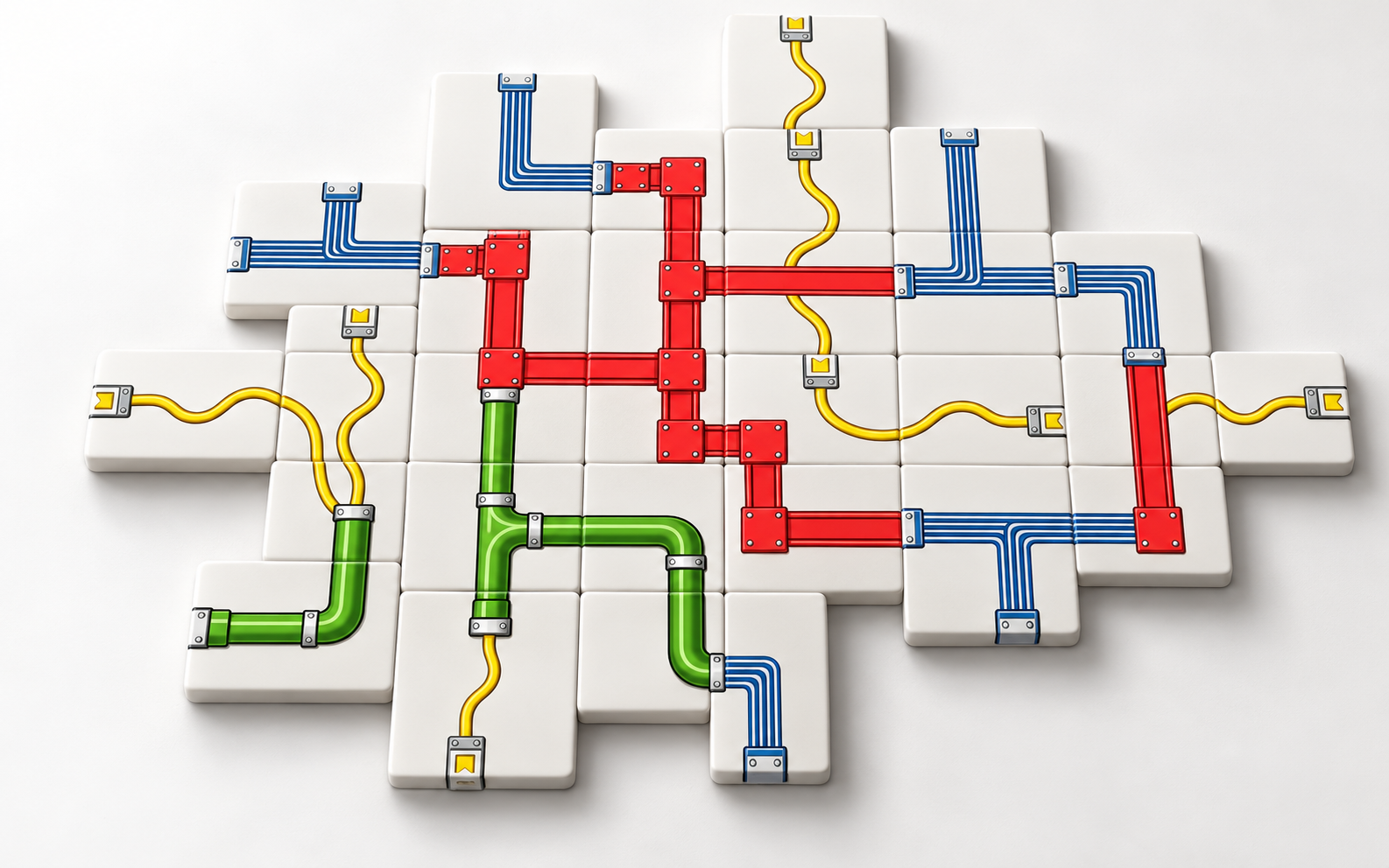 Circuit Sibz game tiles forming an interconnected system with red Beam, yellow Wire, blue Trace, and green Pipe pathways.
