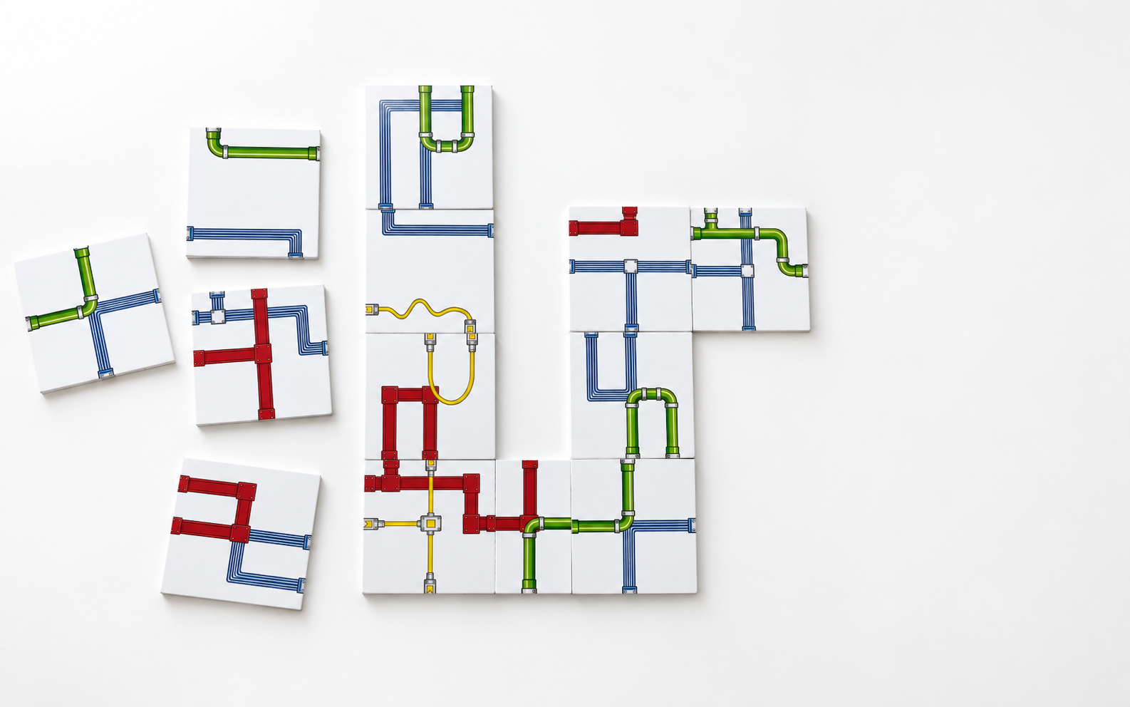 Circuit Sibz game tiles forming an interconnected system with red Beam, yellow Wire, blue Trace, and green Pipe pathways.